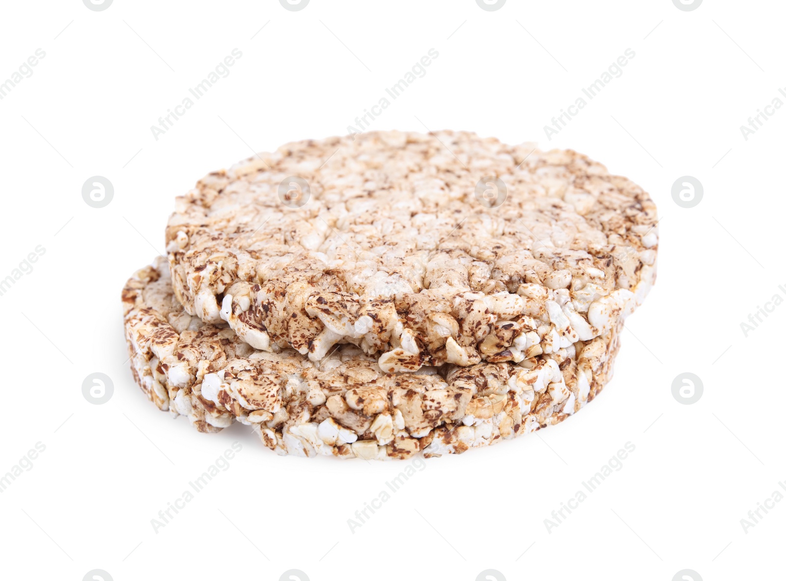 Photo of Tasty crunchy buckwheat cakes on white background