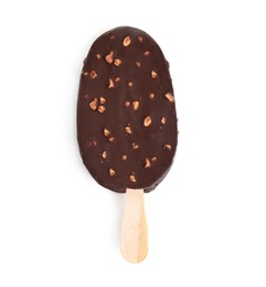 Photo of Ice cream glazed in chocolate on white background, top view