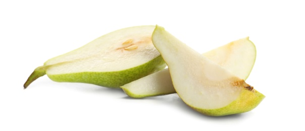 Sliced ripe pears on white background