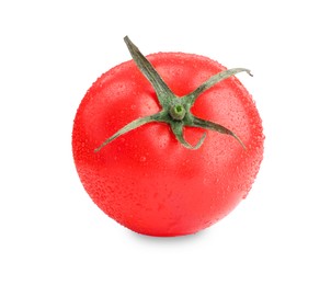 Photo of One red ripe tomato with water drops isolated on white