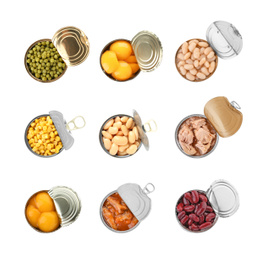 Image of Set of different canned food on white background, top view