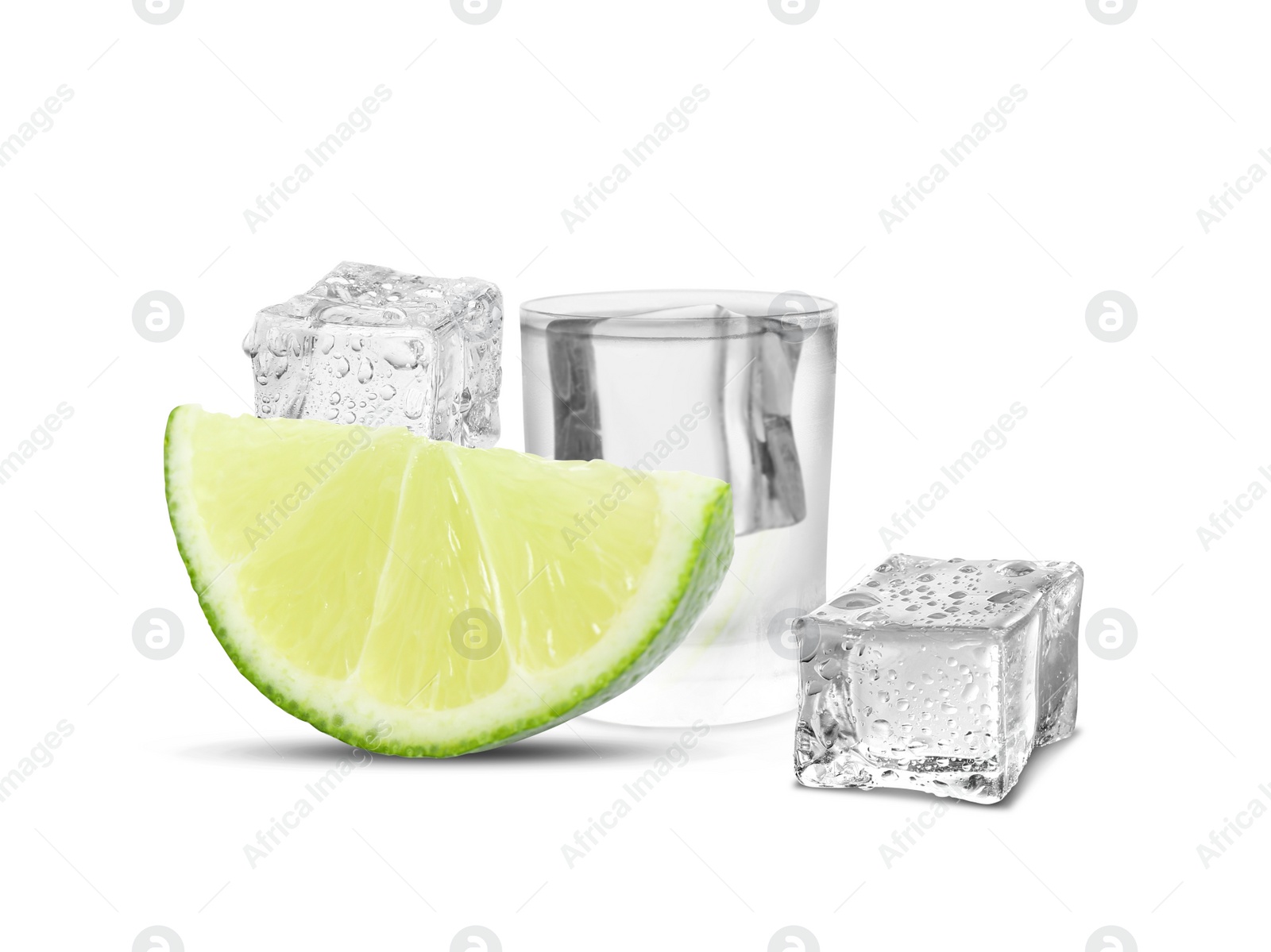 Image of Shot of vodka with ice and lime on white background