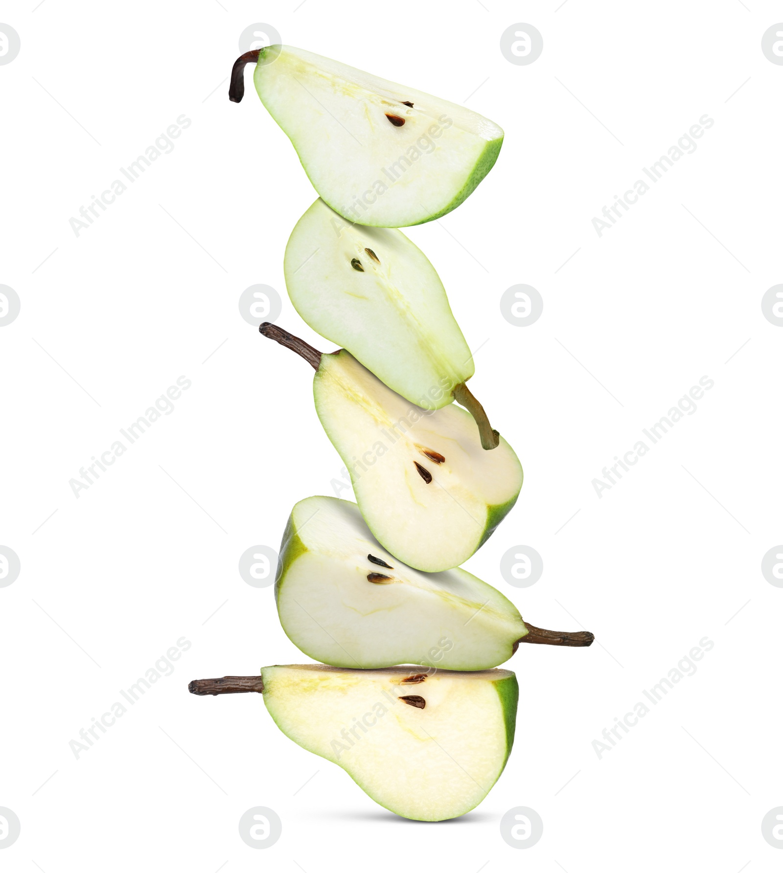 Image of Cut fresh ripe pears on white background