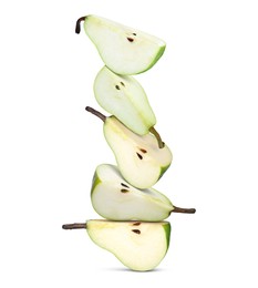 Image of Cut fresh ripe pears on white background