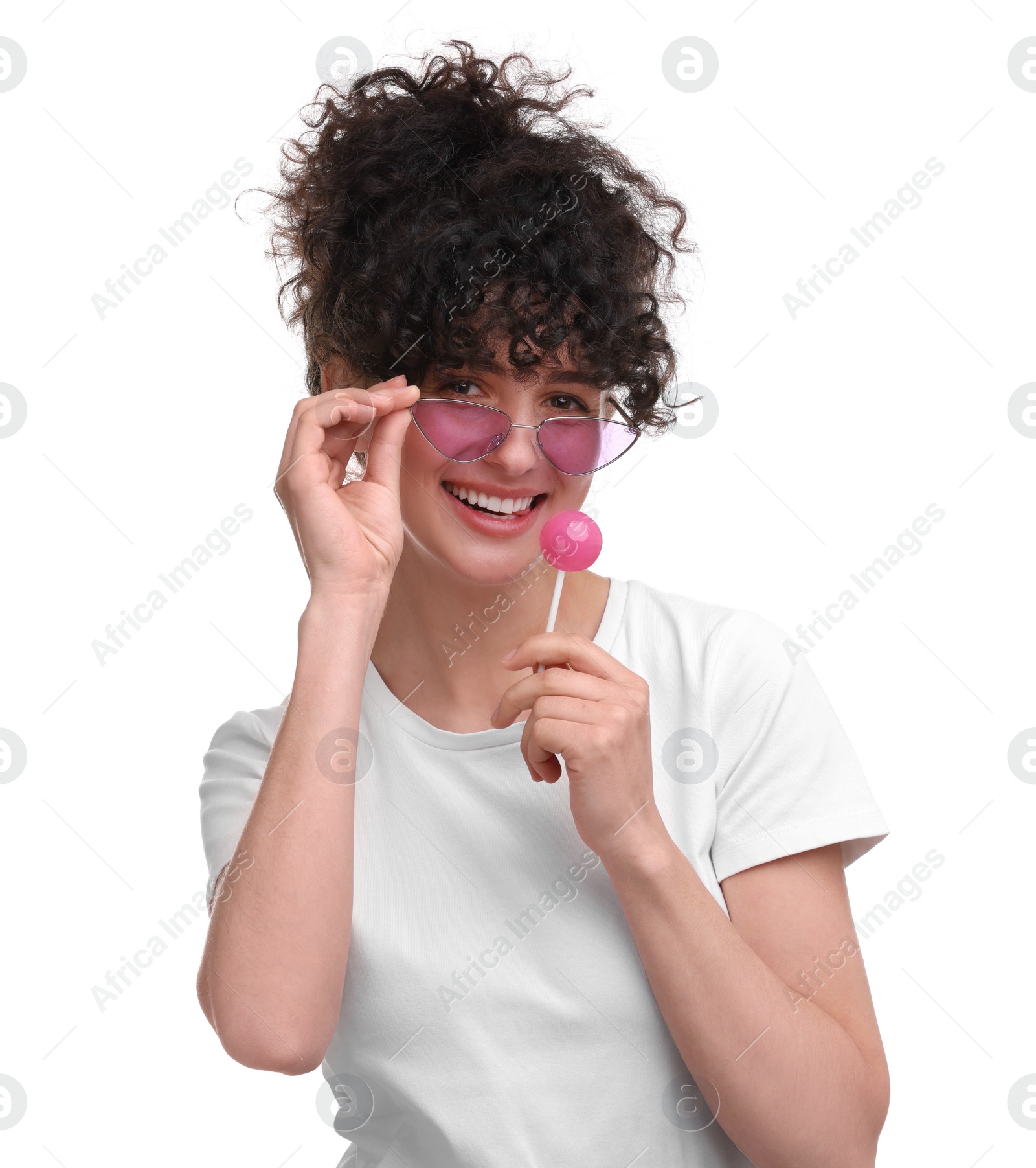 Photo of Beautiful woman in sunglasses with lollipop on white background