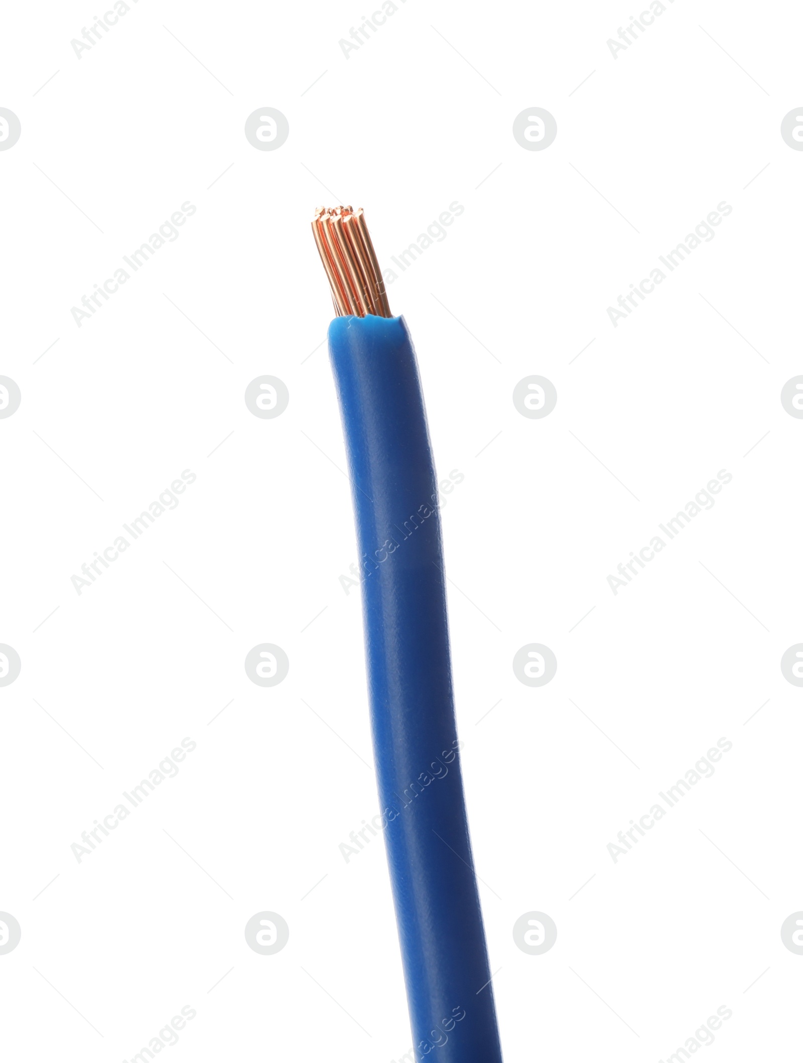 Photo of Stripped electrical wire with blue insulation isolated on white