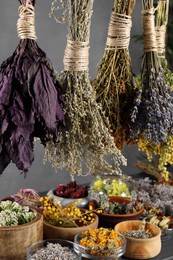 Many different herbs and flowers on grey background, closeup