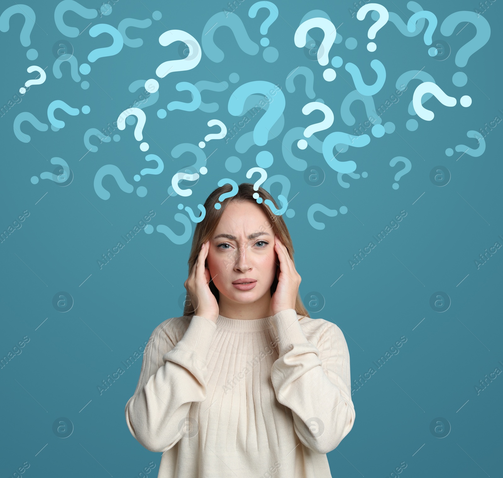 Image of Amnesia concept. Woman trying to remember something on color background. Flow of question marks symbolizing memory loss