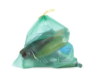 Photo of Full green garbage bag isolated on white. Rubbish recycling