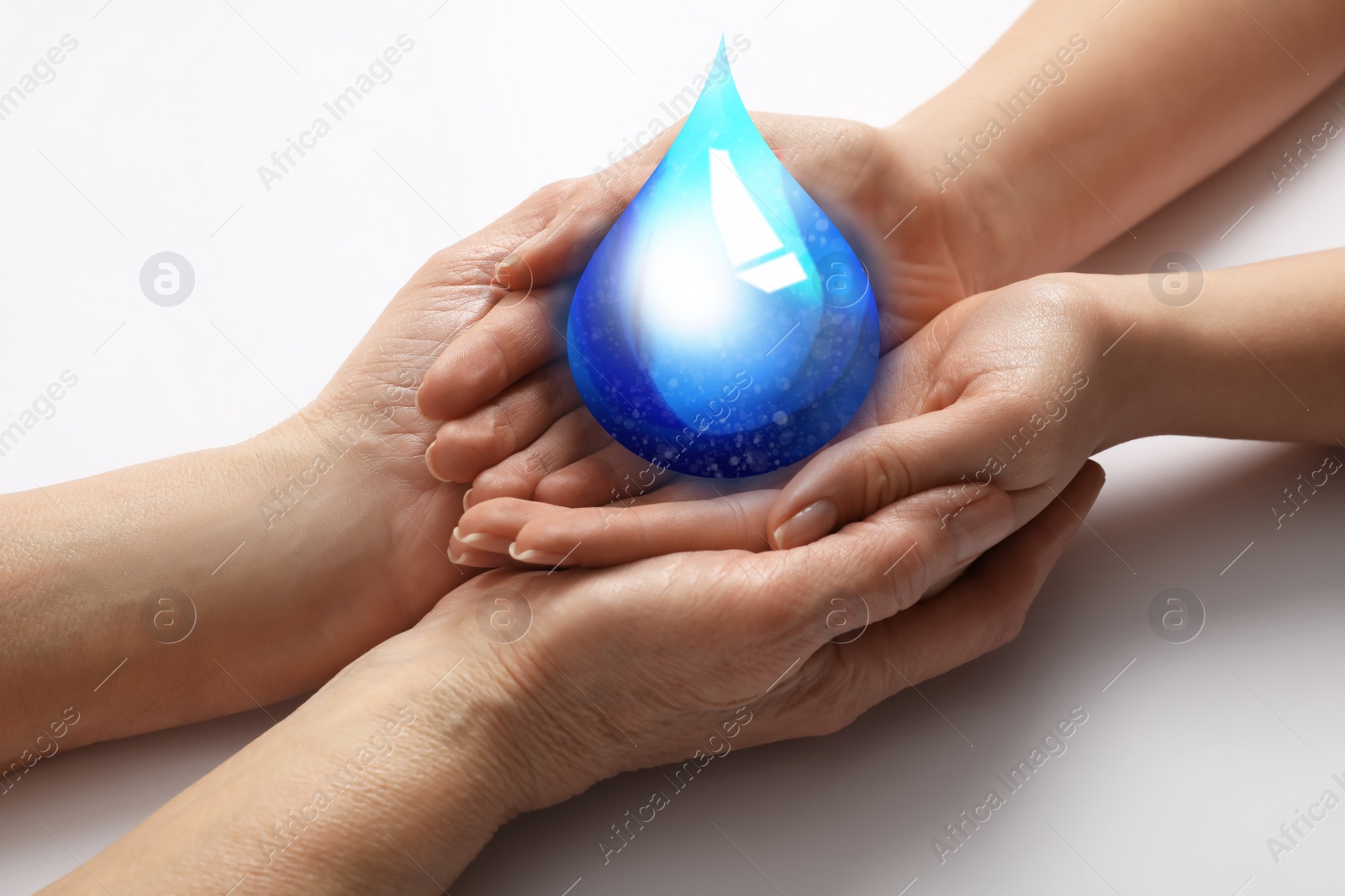Image of Young and elderly women image of water drop on white background, closeup