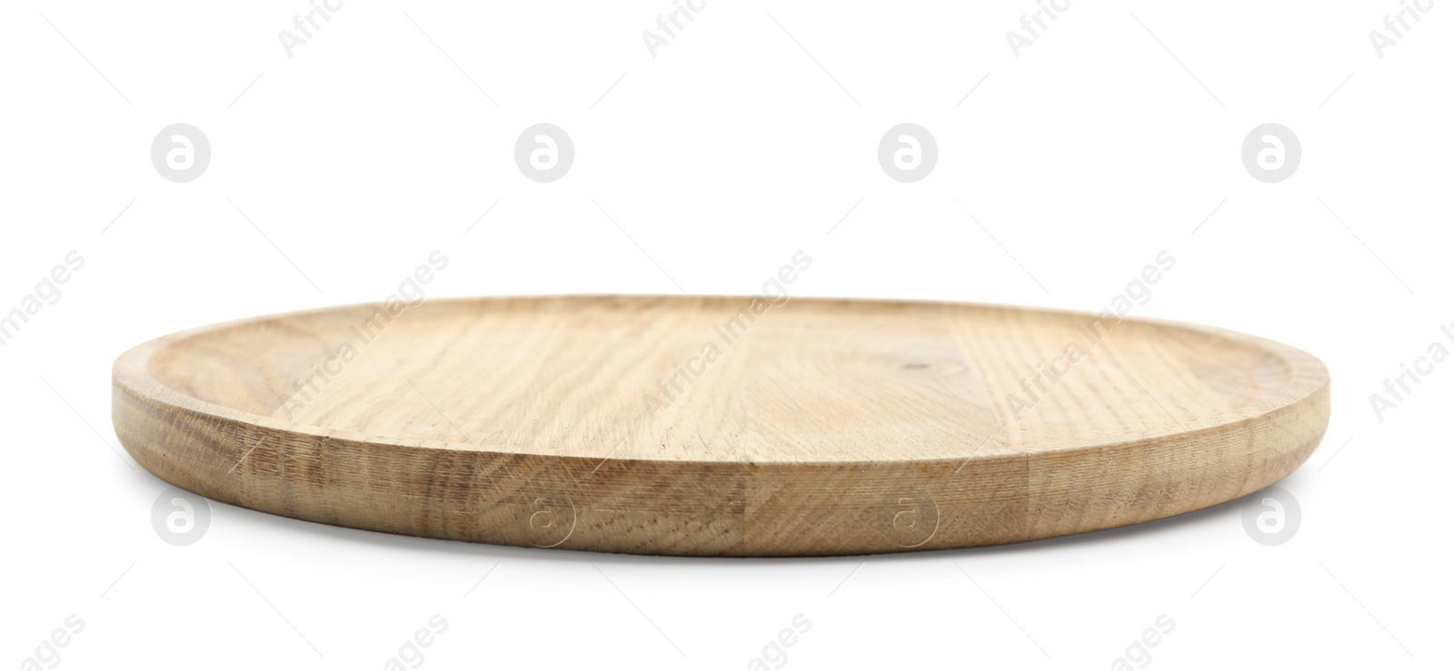Photo of Wooden platter isolated on white. Cooking utensil