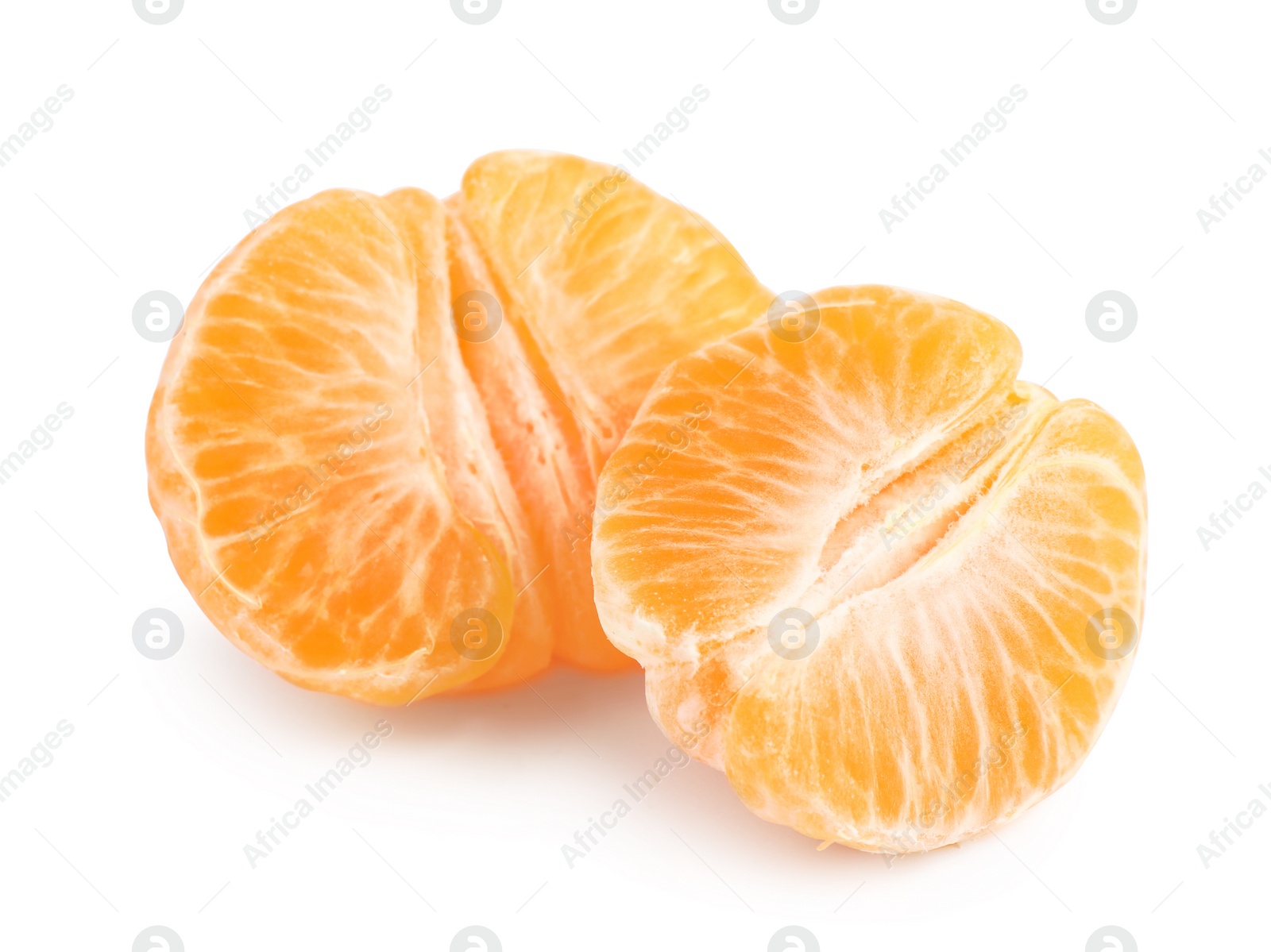 Photo of Fresh juicy peeled tangerines isolated on white