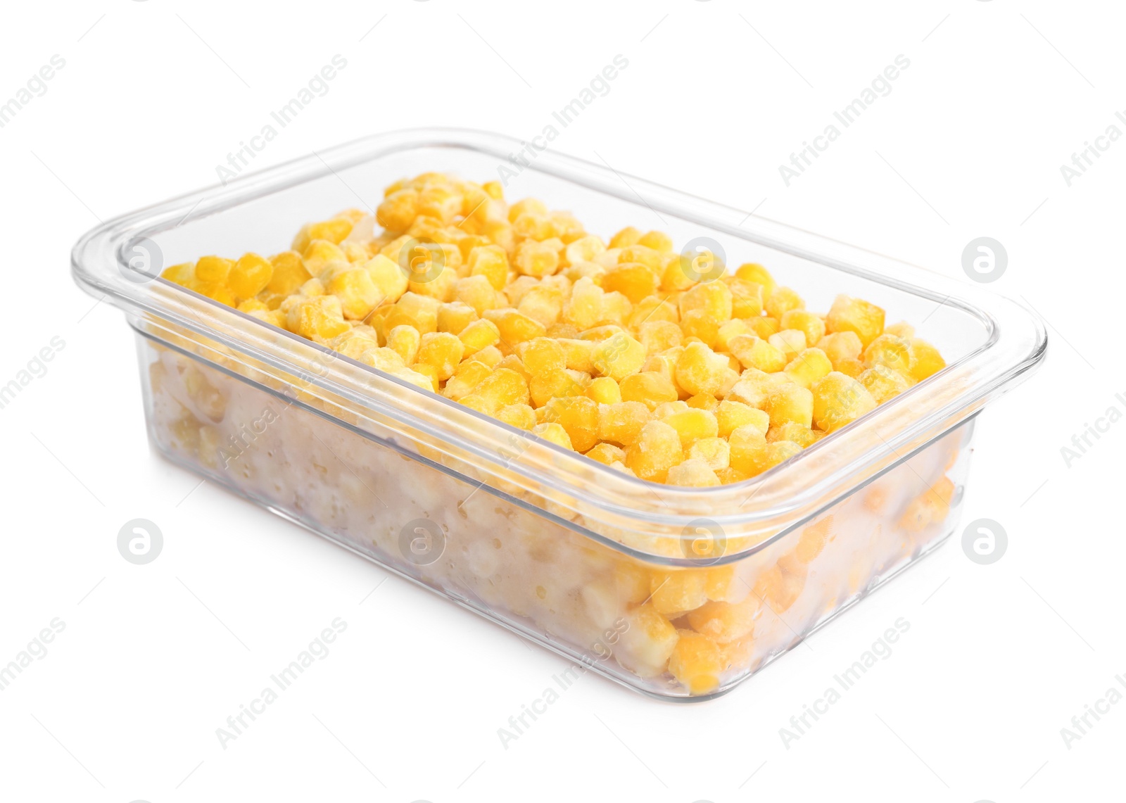 Photo of Frozen corn in plastic container isolated on white. Vegetable preservation