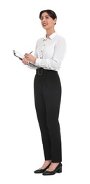 Happy businesswoman with clipboard on white background