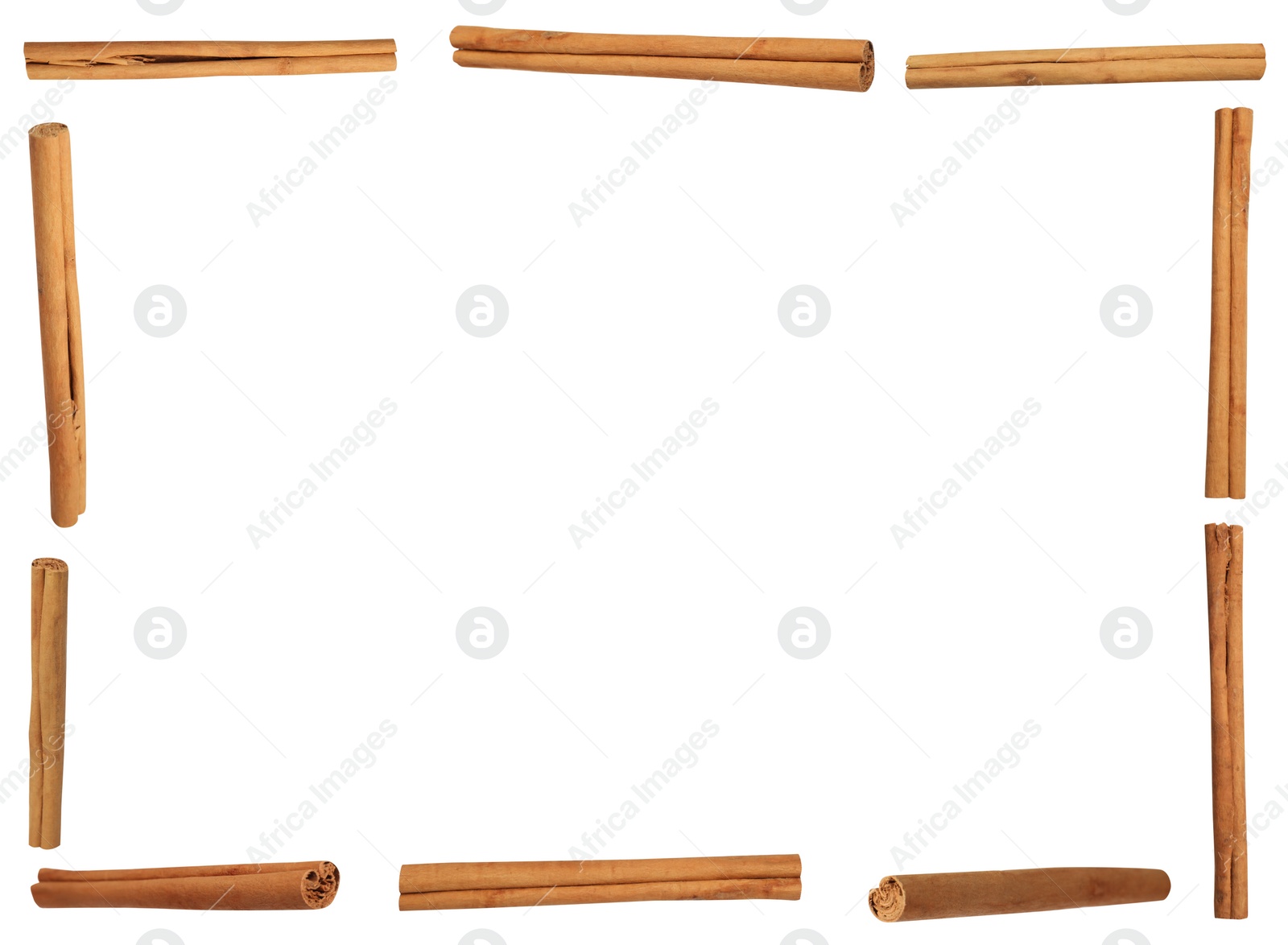 Image of Frame of aromatic cinnamon sticks on white background, top view