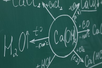 Chemical formulas written with chalk on green board, closeup