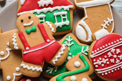 Tasty homemade Christmas cookies on table, closeup view