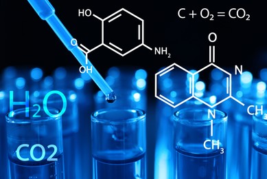 Image of Dripping reagent into test tube with liquid sample on dark background, closeup