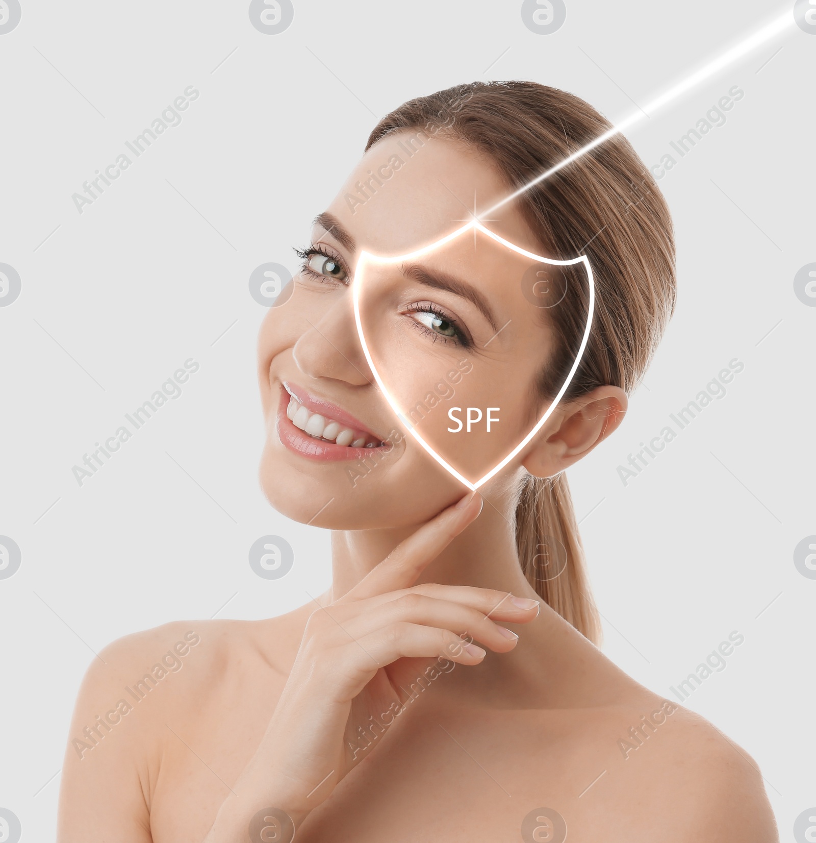 Image of SPF shield and beautiful young woman with healthy skin on white background. Sun protection cosmetic product