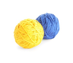 Photo of Soft colorful woolen yarns on white background