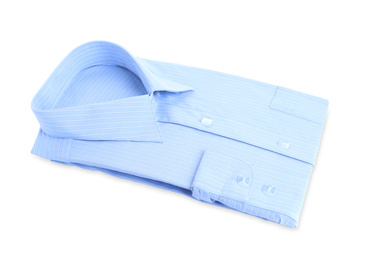 Stylish light blue shirt isolated on white. Dry-cleaning service