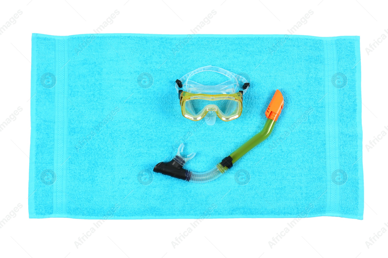 Photo of Blue beach towel with diving equipment on light grey background, top view