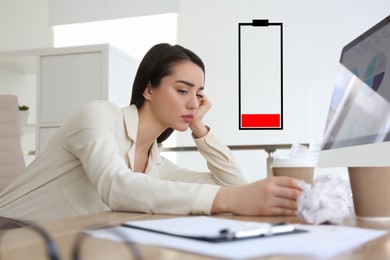 Image of Illustration of discharged battery and tired woman at workplace in office. Extreme fatigue