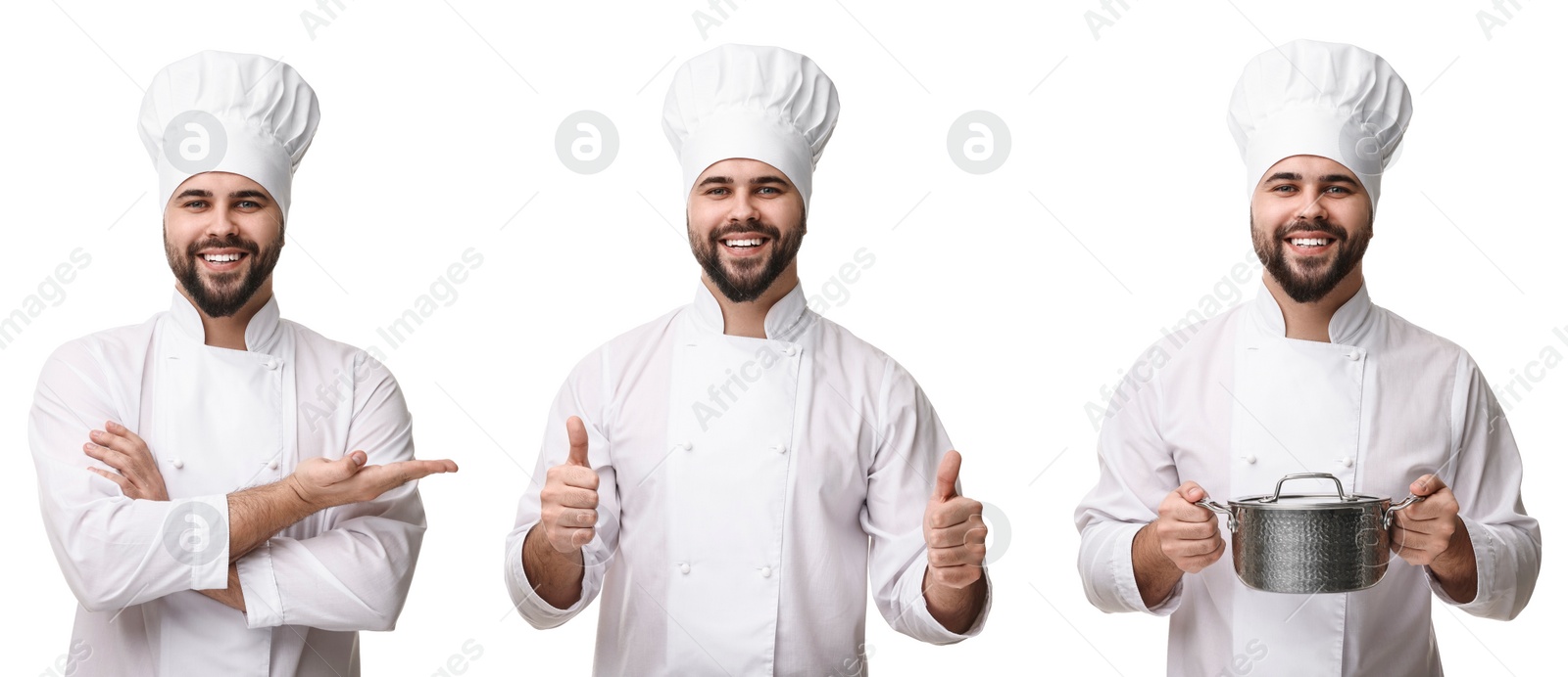 Image of Chef in uniform on white background, set with photos