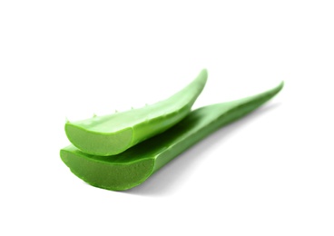 Photo of Aloe vera leaves on white background