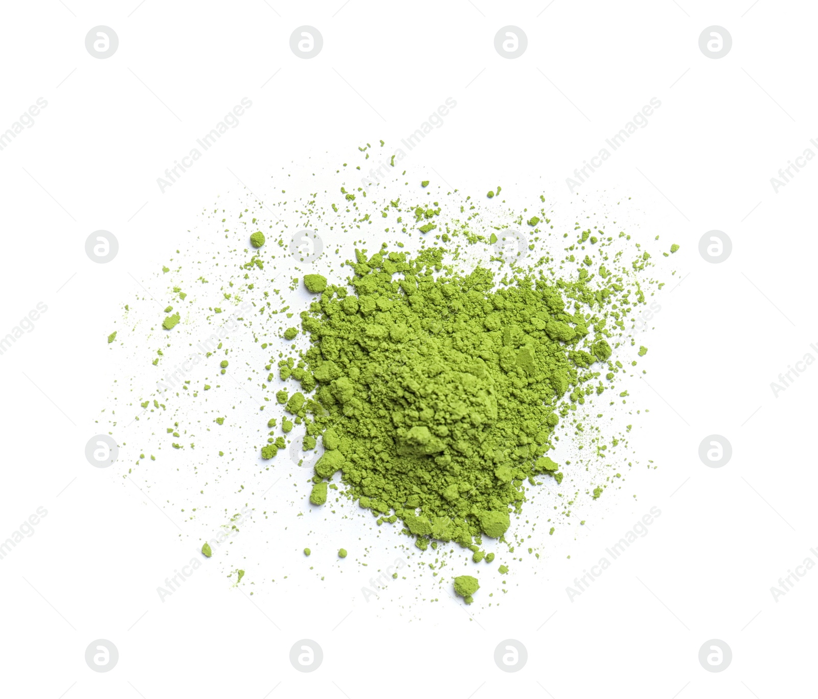 Photo of Pile of powdered matcha tea on white background, top view