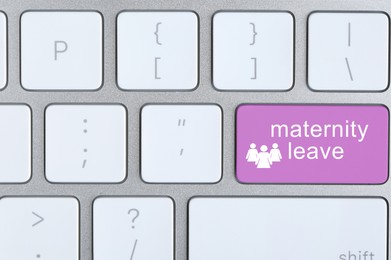Image of Modern computer keyboard with text MATERNITY LEAVE, top view