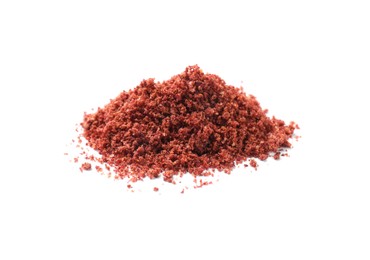 Photo of Heap of dried cranberry powder isolated on white