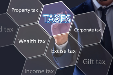 Image of Tax concept. Man using virtual screen, closeup