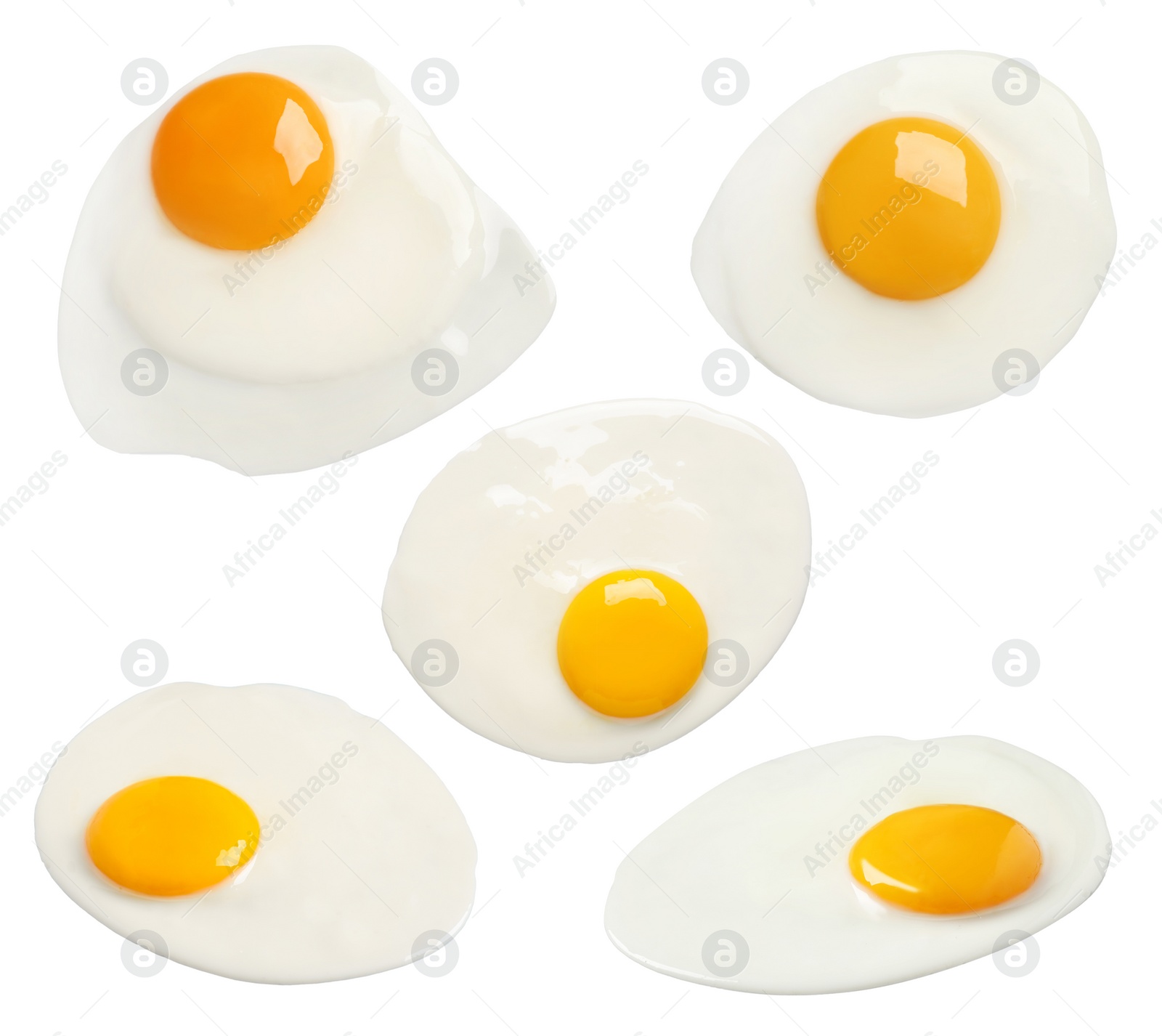 Image of Set with tasty fried eggs on white background