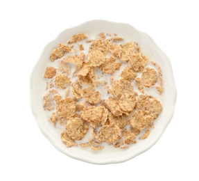 Photo of Bowl with flakes and milk on white background. Healthy grains and cereals
