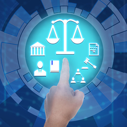 Image of Laws, legal information and online consultation. Man using virtual screen with icons, closeup