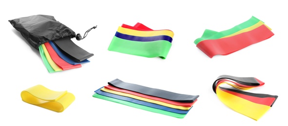 Image of Set of different fitness elastic bands on white background, banner design