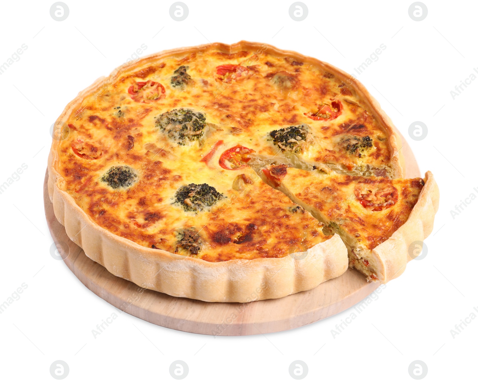 Photo of Delicious homemade vegetable quiche isolated on white