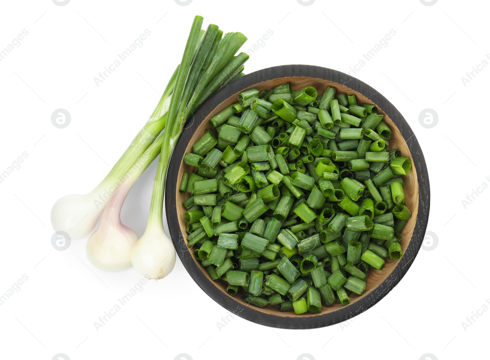 Photo of Bowl with chopped green onion and stems on white background, top view