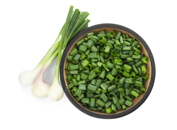 Photo of Bowl with chopped green onion and stems on white background, top view