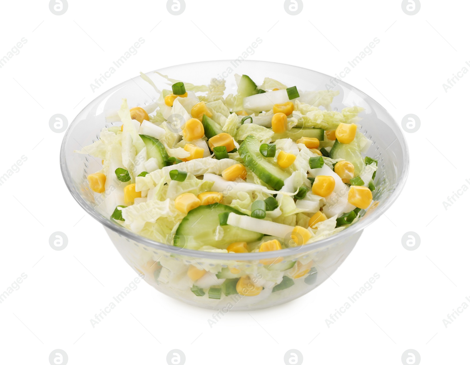 Photo of Tasty salad with Chinese cabbage, corn and cucumber in bowl isolated on white