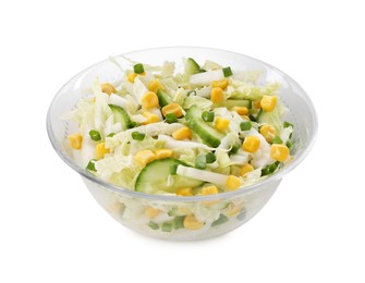 Photo of Tasty salad with Chinese cabbage, corn and cucumber in bowl isolated on white