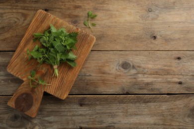 Photo of Bunch of fresh stinging nettles on wooden table, top view. Space for text