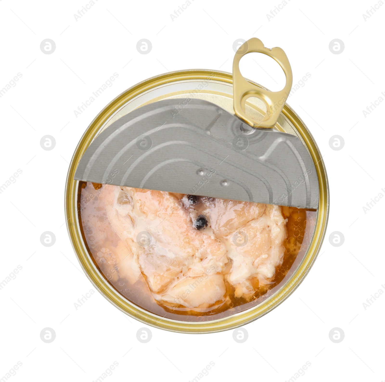 Photo of Open tin can of salmon isolated on white, top view