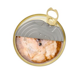 Photo of Open tin can of salmon isolated on white, top view