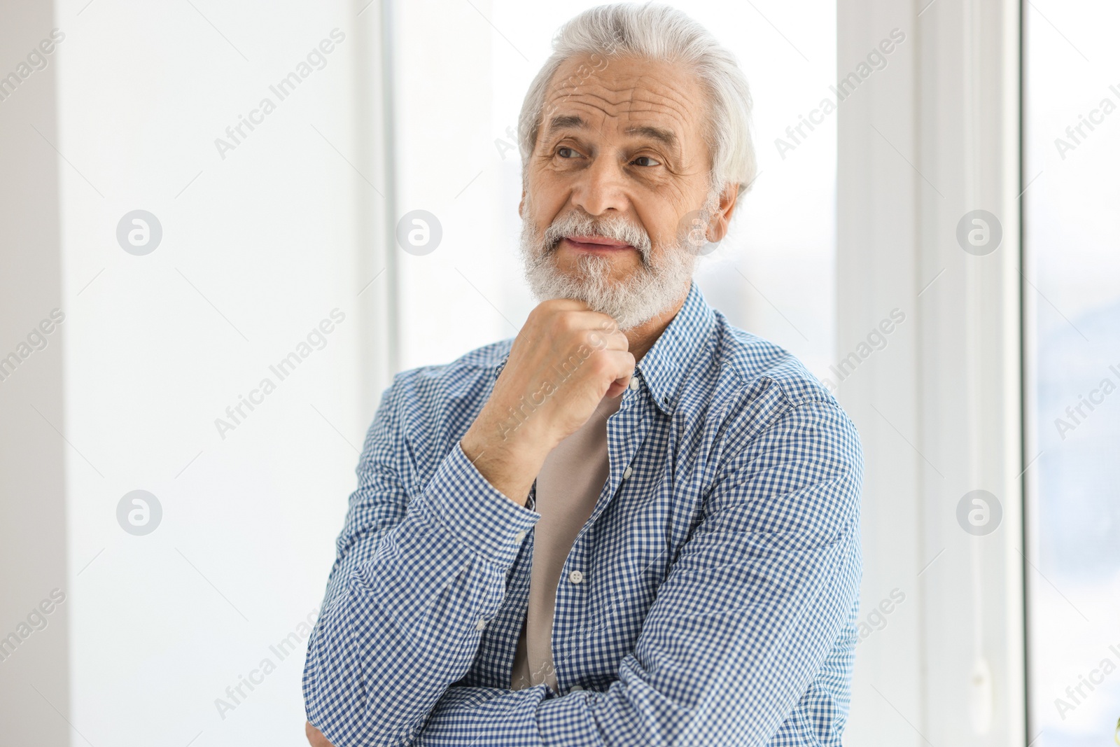 Photo of Portrait of happy grandpa with grey hair near window indoors