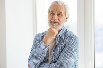 Photo of Portrait of happy grandpa with grey hair near window indoors