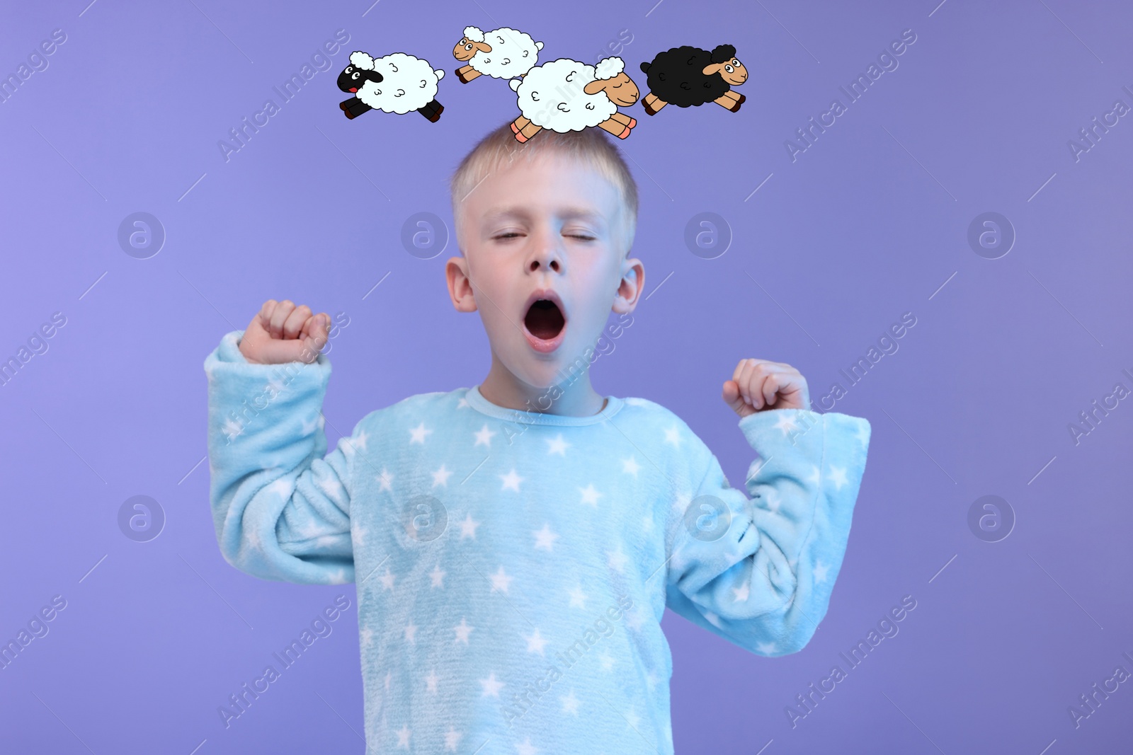 Image of Insomnia problem. Tired boy yawning on purple background. Illustrations of sheep running above his head