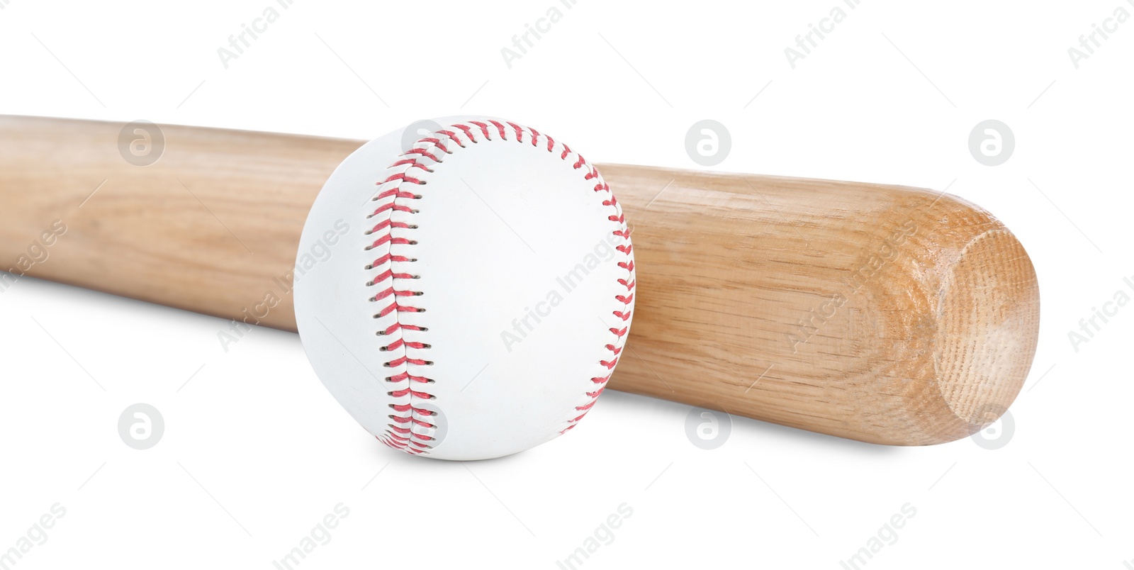 Photo of Wooden baseball bat and ball on white background. Sports equipment