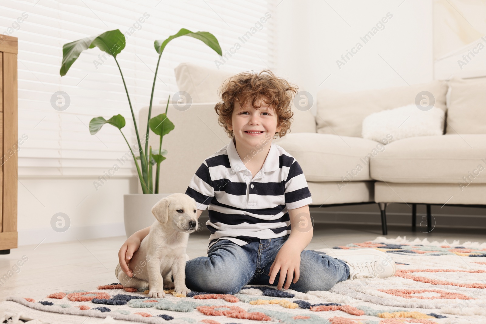 Photo of Little boy with cute puppy on carpet at home